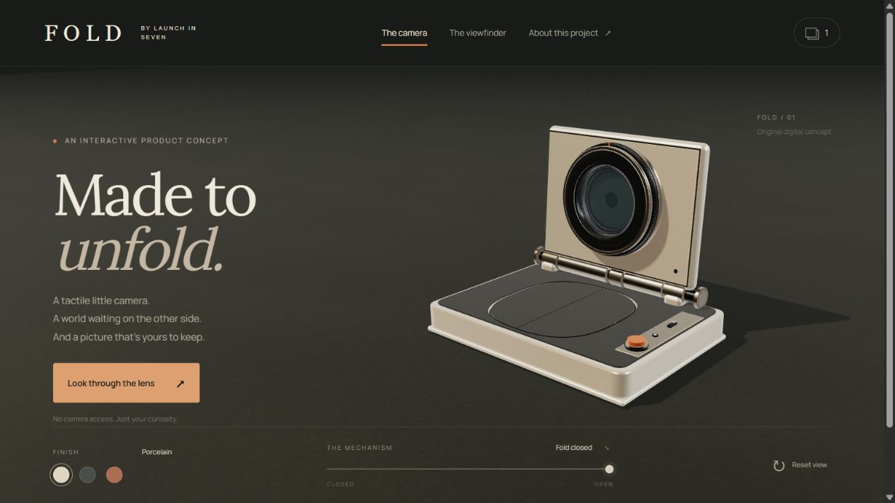 FOLD: an original folding camera in a dark studio, with controls for its finish and mechanism