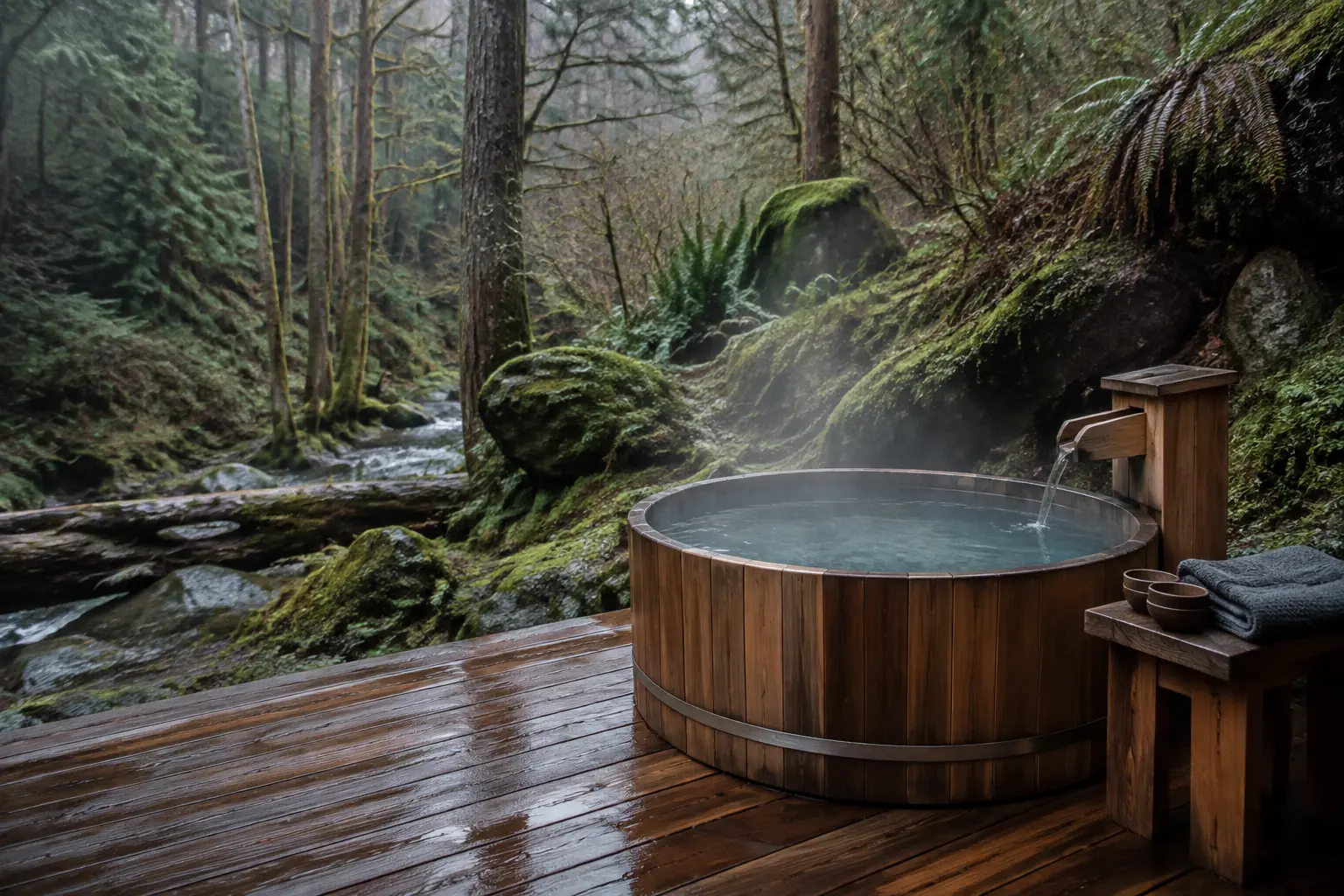 Fictional woodland soaking terrace with steam, stone, moss, and ferns
