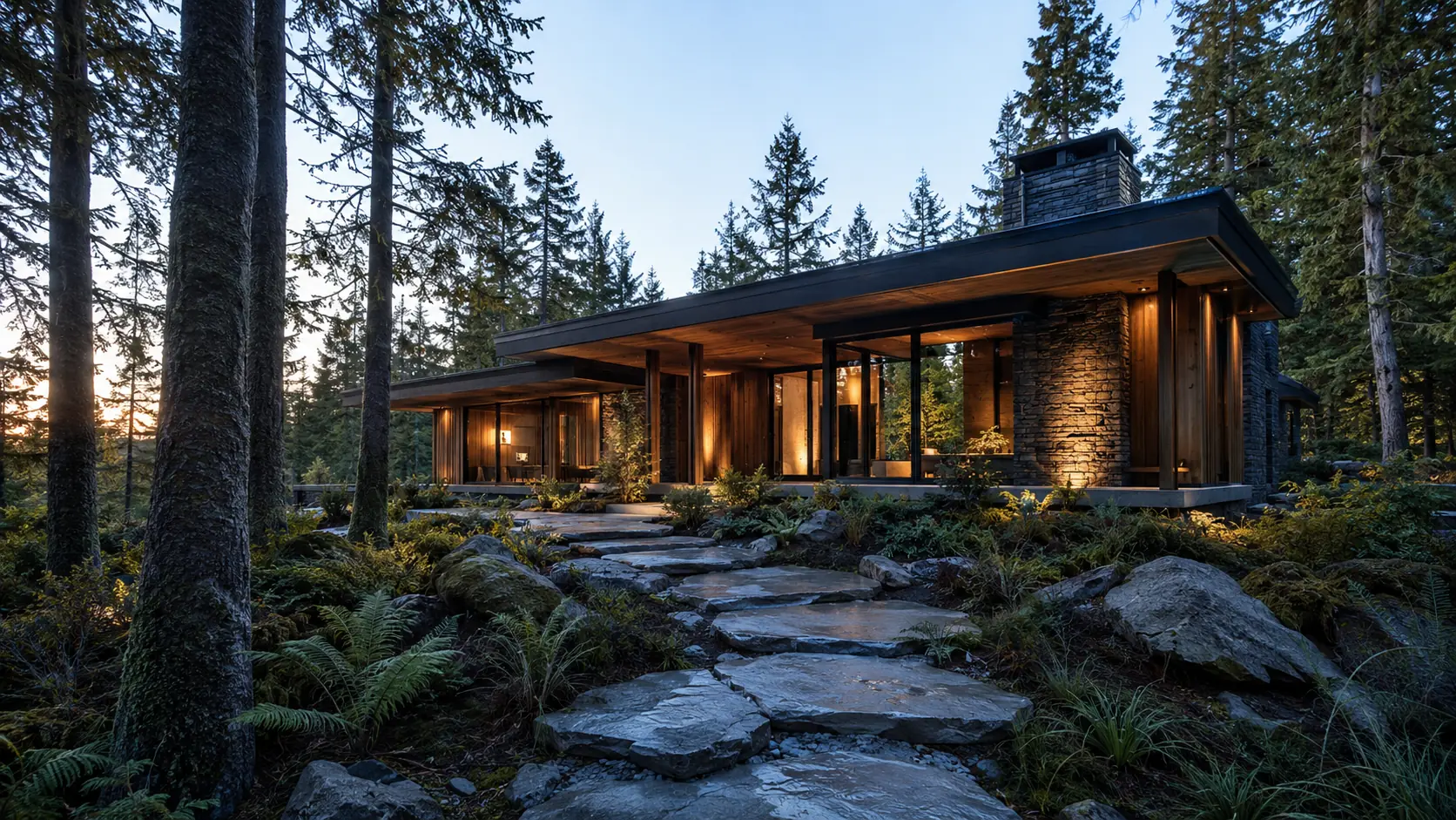 Fictional contemporary woodland retreat exterior glowing at first light