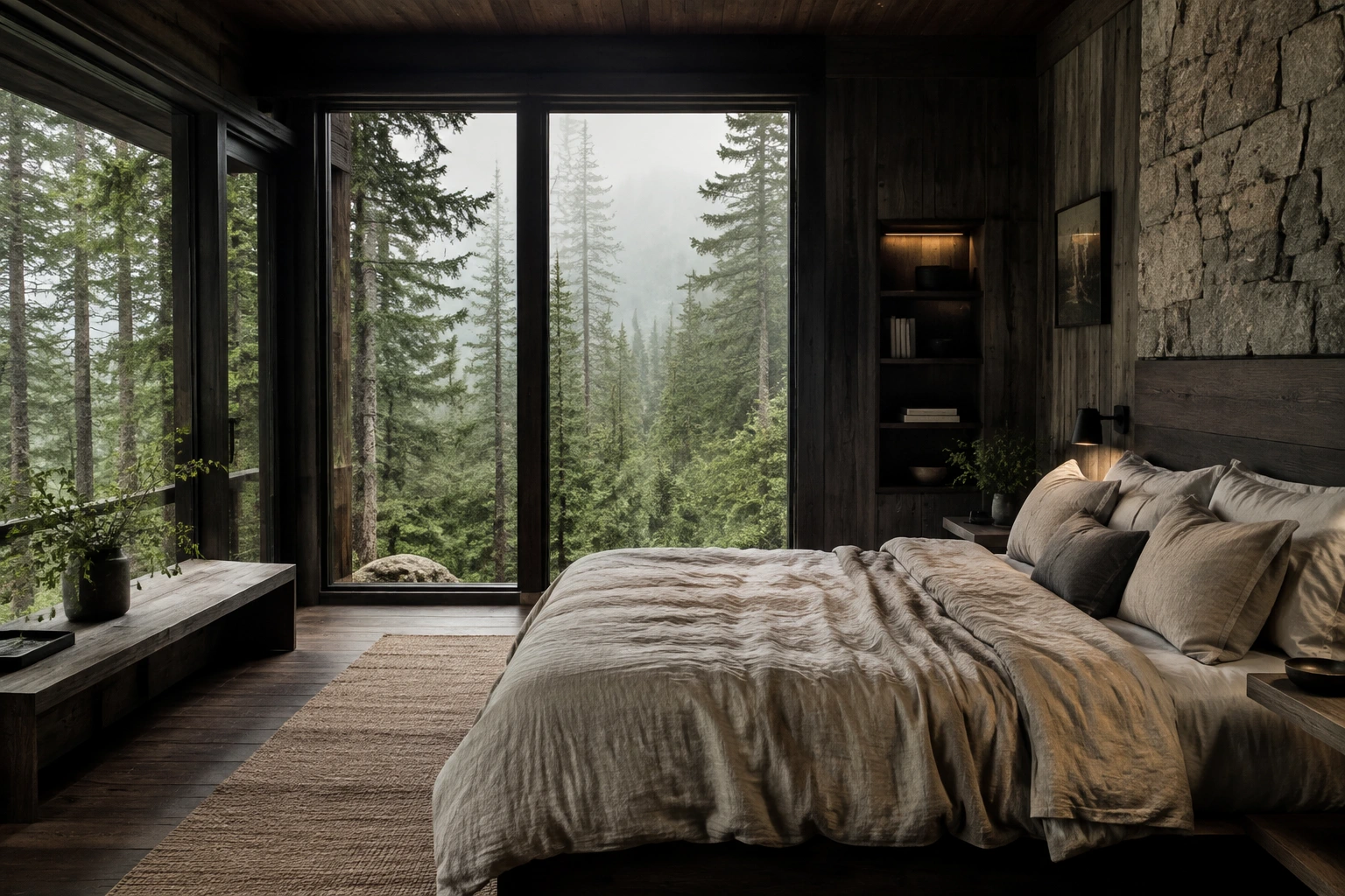 Fictional retreat bedroom with linen bedding and a large misty forest window